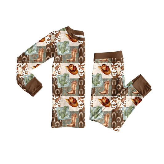( Moq 5 ) Preorder Baby Boy Long Sleeves Western Boots Cactus Shirt Pants Pajamas Set
