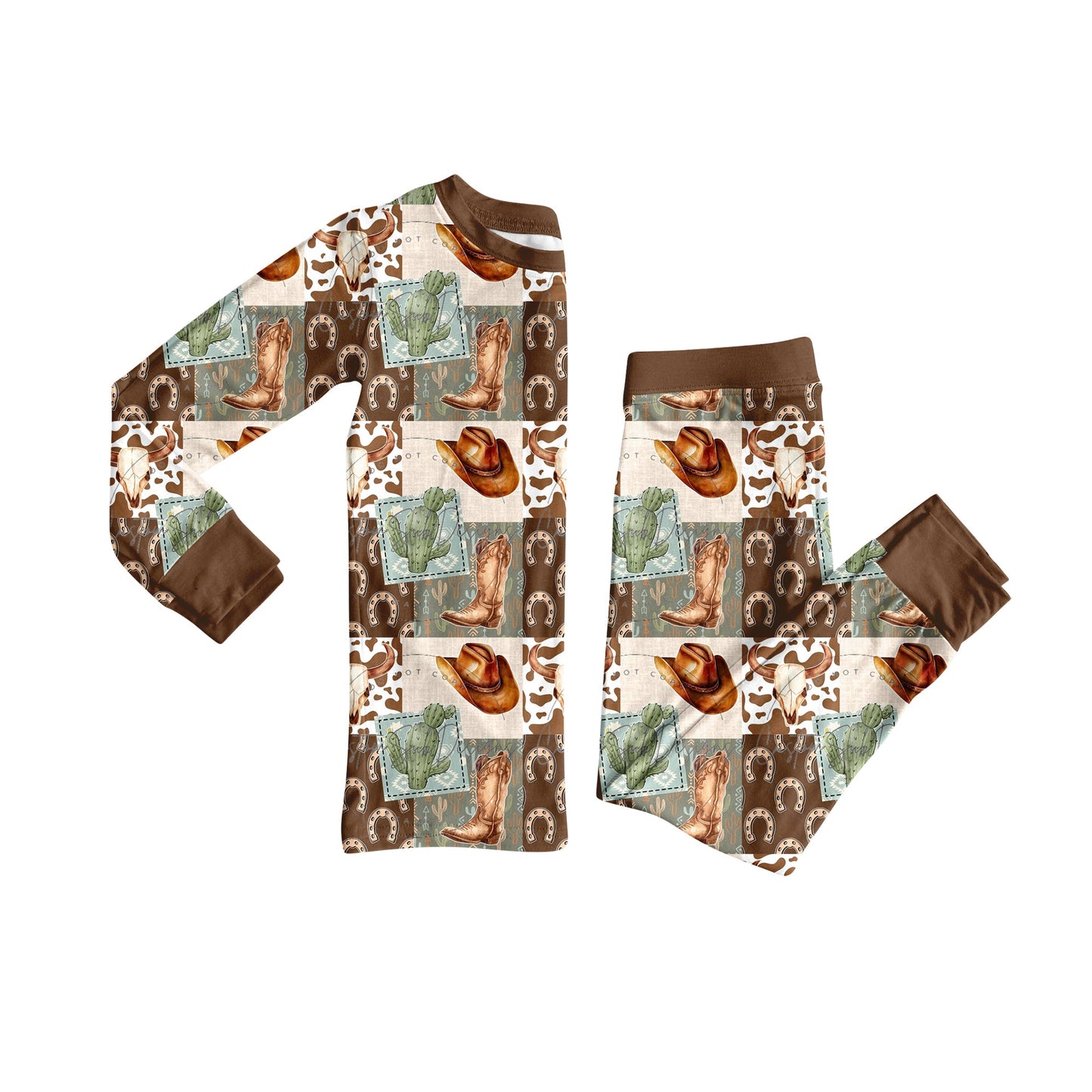 ( Moq 5 ) Preorder Baby Boy Long Sleeves Western Boots Cactus Shirt Pants Pajamas Set