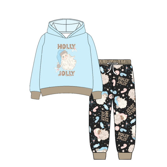( Moq 5 )Preorder Baby Boy Blue Long Sleeves Holly Hoodie Shirt Santa Pants Christmas Clothes Set