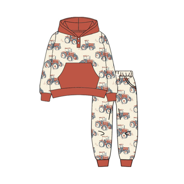 ( Moq 5 ) Preorder Baby Boy Long Sleeves Tractors Farm Hoodie Shirt Pockets Pants Set