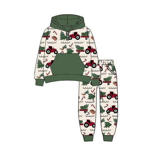 ( Moq 5 ) Preorder Baby Boy Long Sleeves Christmas Tractors Tree Green Hoodie Shirt Pockets Pants Set