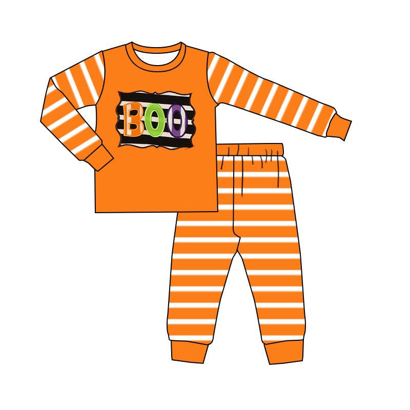 ( Moq 5 ) Preorder Baby Boy Long Sleeves BOO Shirt Orange Stripes Pants Halloween Pajamas Set