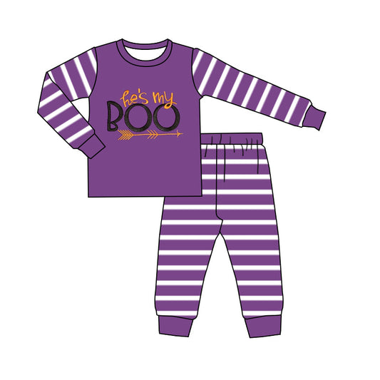( Moq 5 ) Preorder Baby Girl Long Sleeves BOO Shirt Purple Stripes Pants Halloween Pajamas Set