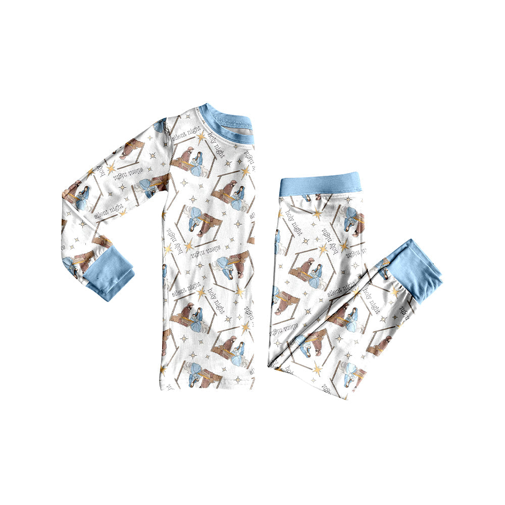 ( Moq 5 ) Preorder Baby Boy Long Sleeves Nativity Shirt Pants Christmas Blue Pajamas Set