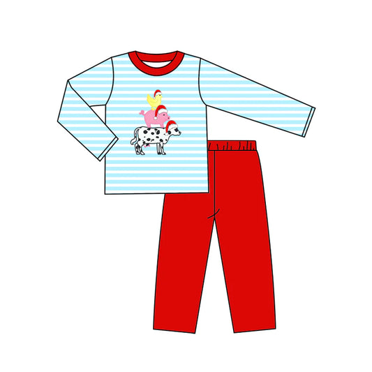 ( Moq 5 ) Preorder Baby Boy Long Sleeves Farm Animals Stripes Shirt Red Pants Christmas Pajamas Set
