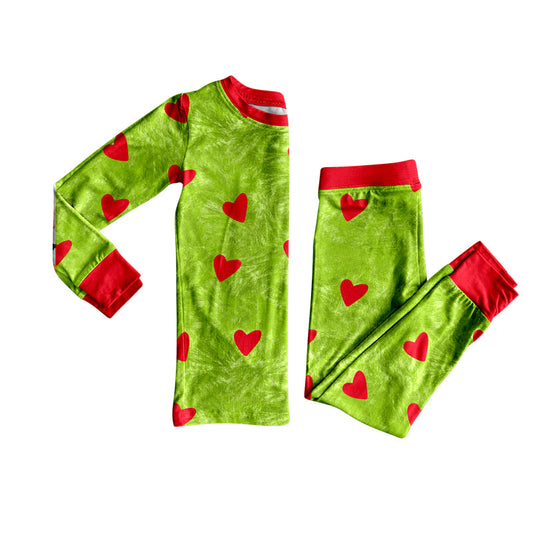 ( Moq 5 ) Preorder Baby Kids Toddler Long Sleeves Hearts Shirt Pants Christmas Green Set Pajamas