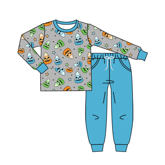 ( Moq 5 ) Preorder Baby Boy Long Sleeves Candy Corn Shirt Blue Pockets Pants Halloween Set