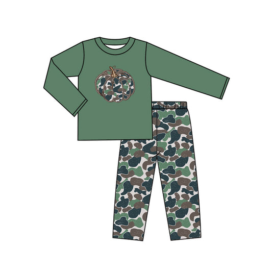 ( Moq 5 ) Preorder Baby Boy Green Long Sleeves Pumpkin Shirt Camo Pants Fall Set