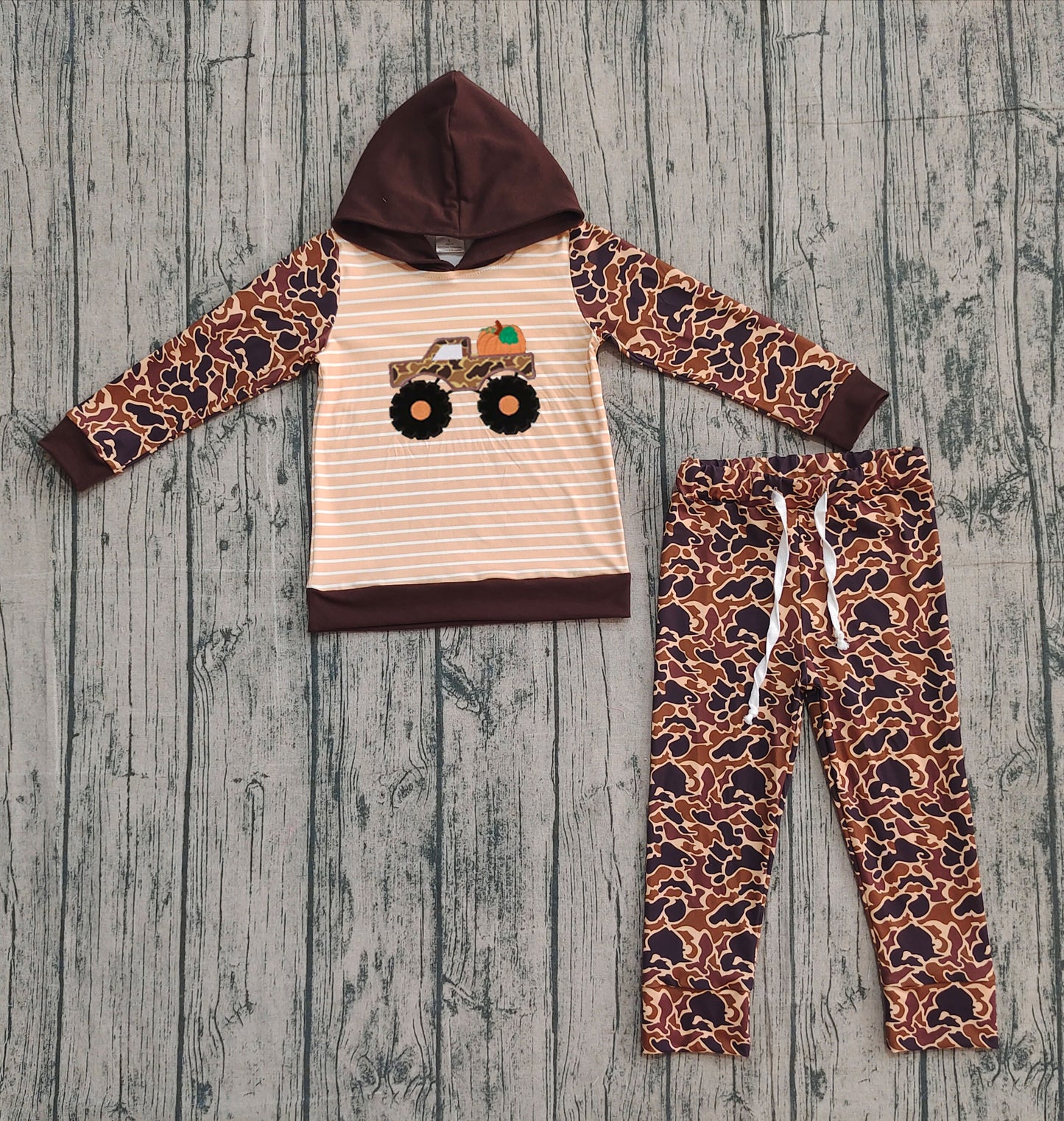 ( Moq 5 ) Preorder Baby Boy Truck Pumpkin Stripes Hoodie Shirt Camo Pants Fall Set