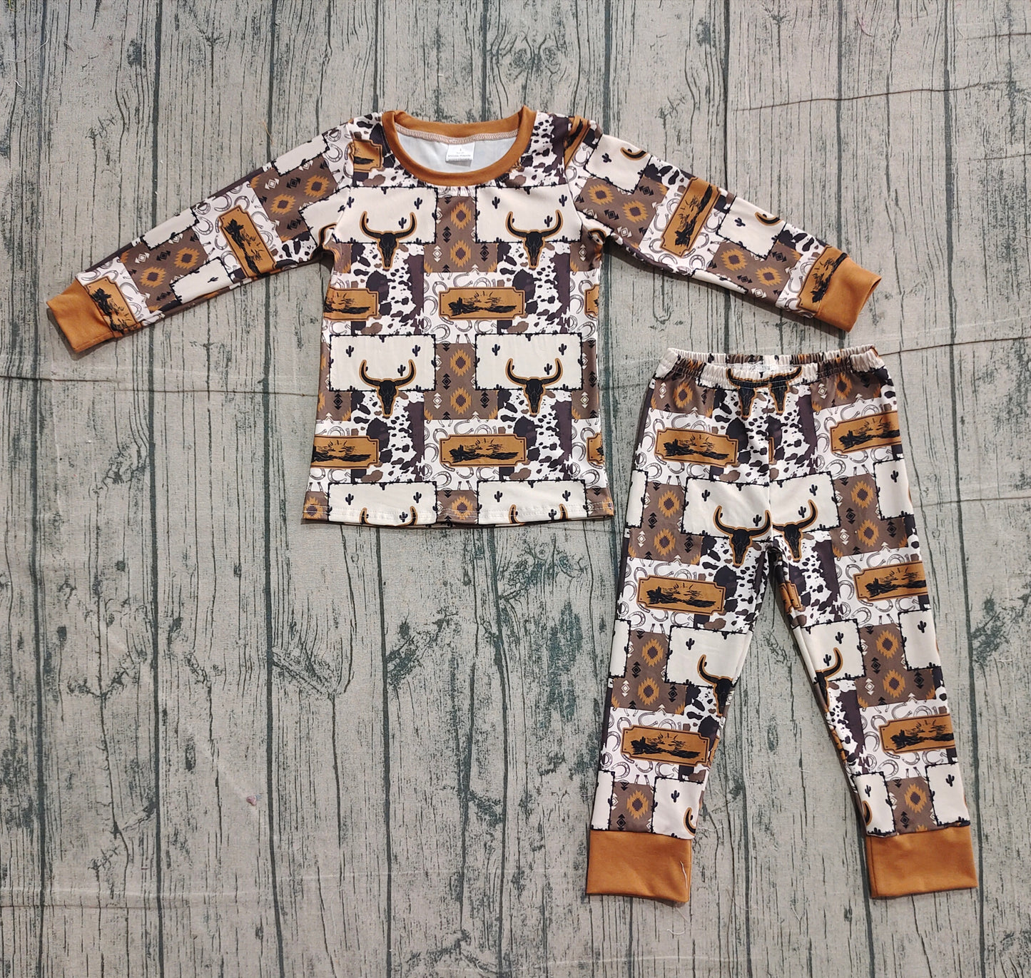 Baby Boy Long Sleeves Western Cow Cactus Shirt Pants Brown Pajamas Clothes Set RTS