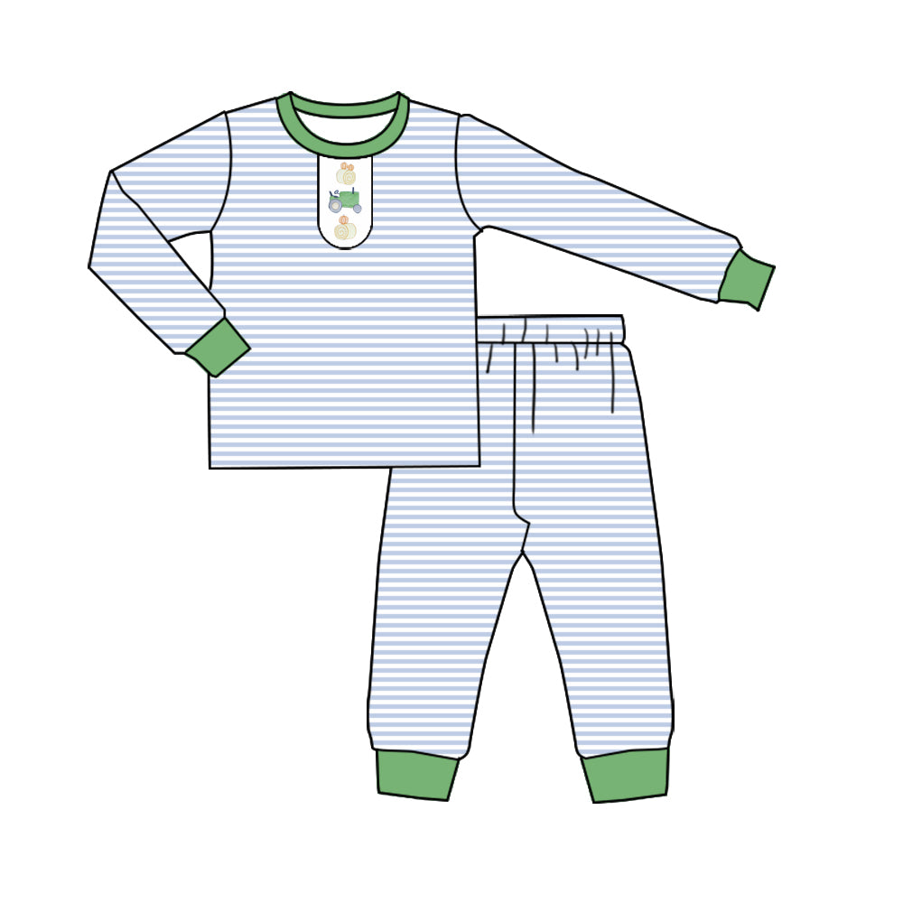( Moq 5 ) Preorder Baby Boy Long Sleeves Pumpkins Tractor Shirt Stripes Pants Fall Pajamas Set