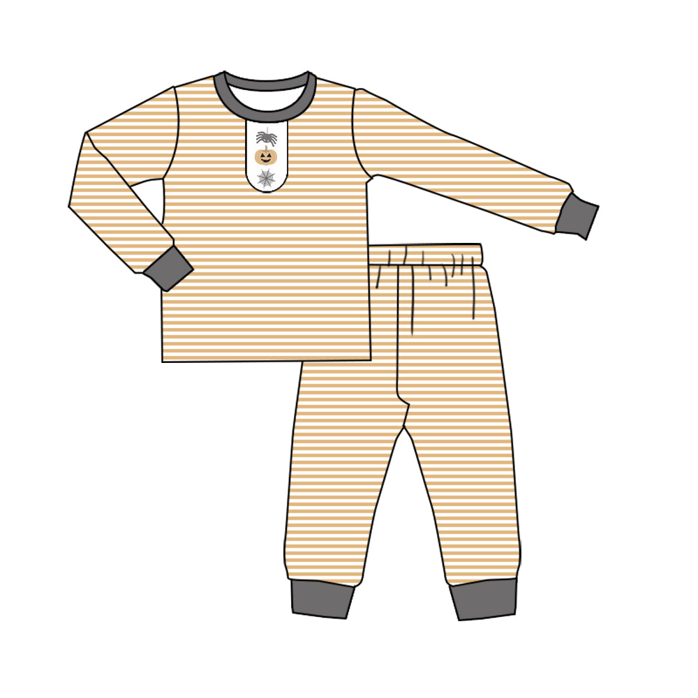 ( Moq 5 ) Preorder Baby Boy Long Sleeves Pumpkin Spider Shirt Stripes Pants Halloween Pajamas Set