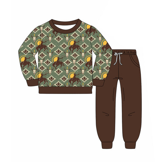 ( Moq 5 ) Preorder Baby Boy Long Sleeves Aztec Western Shirt Pockets Pants Rodeo Clothes Set