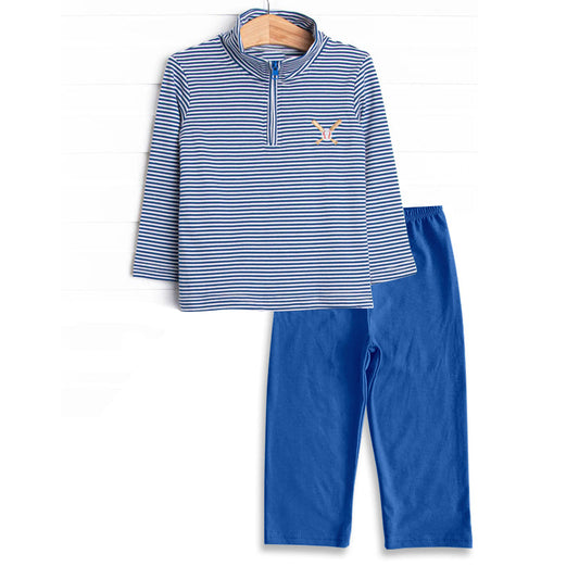( Moq 5 ) Preorder Baby Boy Long Sleeves Baseball Stripes Zipper Shirt Blue Pants Fall Clothes Set
