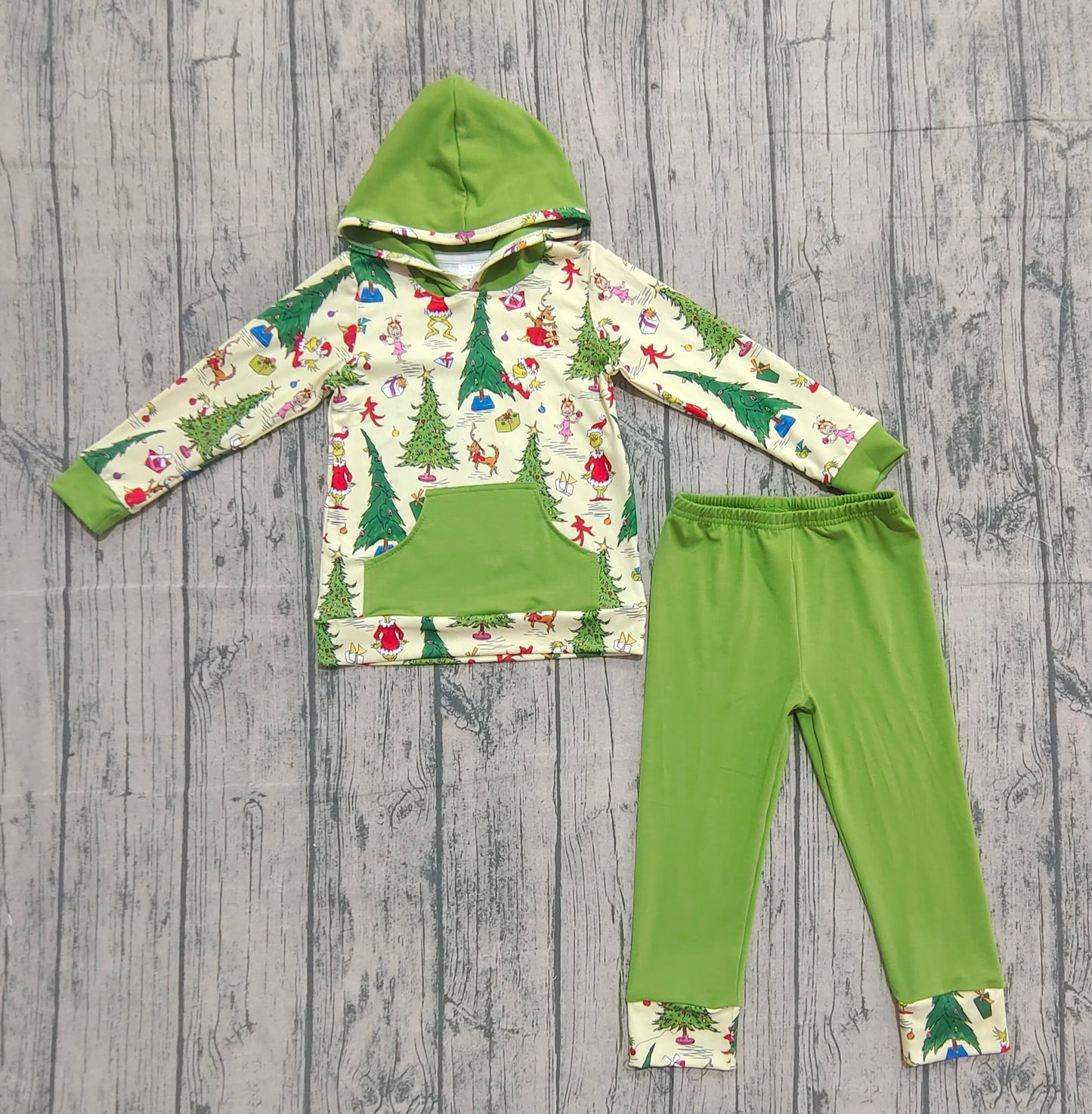 Baby Boy Long Sleeves Green Face Tree Hoodie Pocket Shirt Green Pants Christmas Set RTS