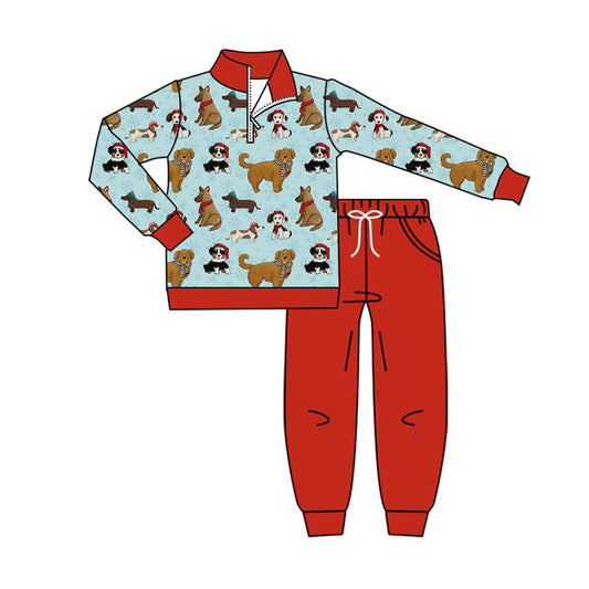 ( Moq 5 ) Preorder Baby Boy Long Sleeves Dogs Zipper Shirt Pockets Red Pants Christmas Set