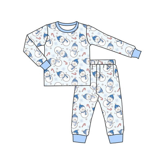 ( Moq 5 ) Preorder Baby Boy Long Sleeves Snowman Shirt Pants Christmas Blue Pajamas Set