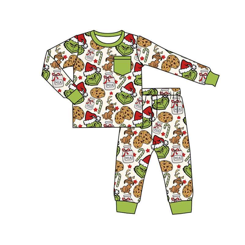 ( Moq 5 ) Preorder Baby Boy Long Sleeves Green Face Cookies Christmas Shirt Pants Pajamas Set