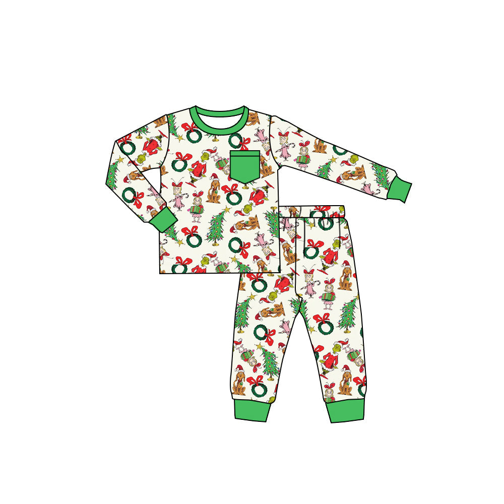 ( Moq 5 ) Preorder Baby Boy Green Face Shirt Pants Christmas Pajamas Clothes Set