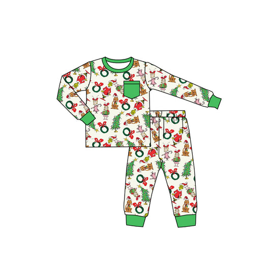 ( Moq 5 ) Preorder Baby Boy Green Face Shirt Pants Christmas Pajamas Clothes Set