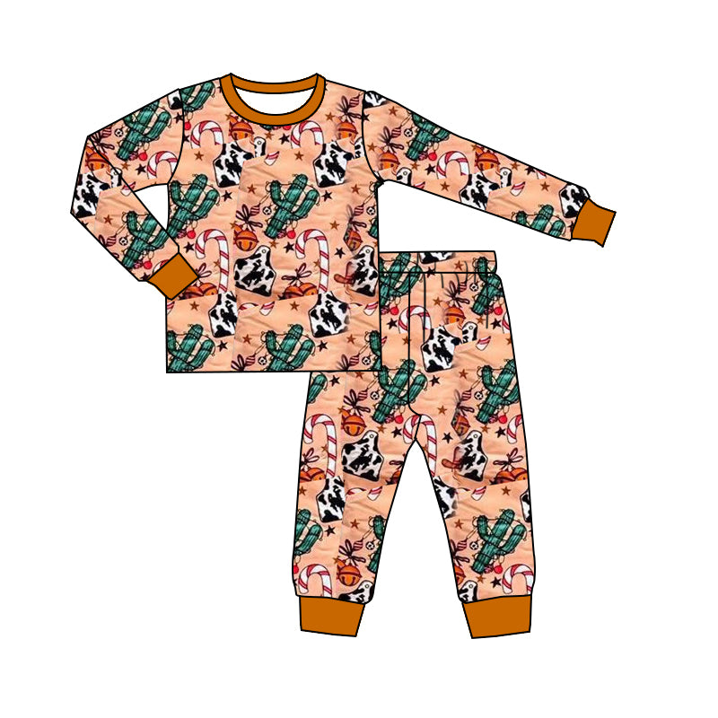 ( Moq 5 ) Preorder Kids Boys Western Cactus Candy Cane Shirt Pants Christmas Pajamas Set