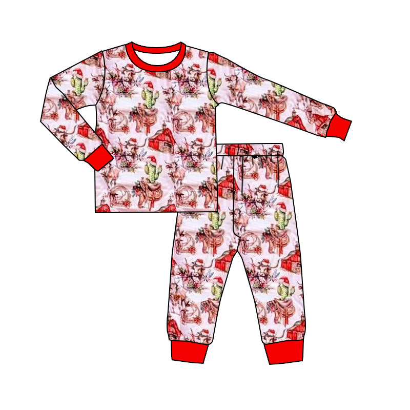 ( Moq 5 ) Preorder Kids Girls Western Cactus Cow Shirt Pants Christmas Pajamas Set