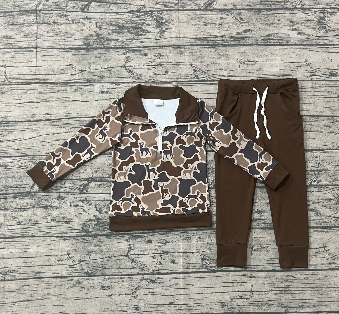 Boys Kids Long Sleeves Deer Camo Zipper Pullover Pockets Pants Clothes Set RTS
