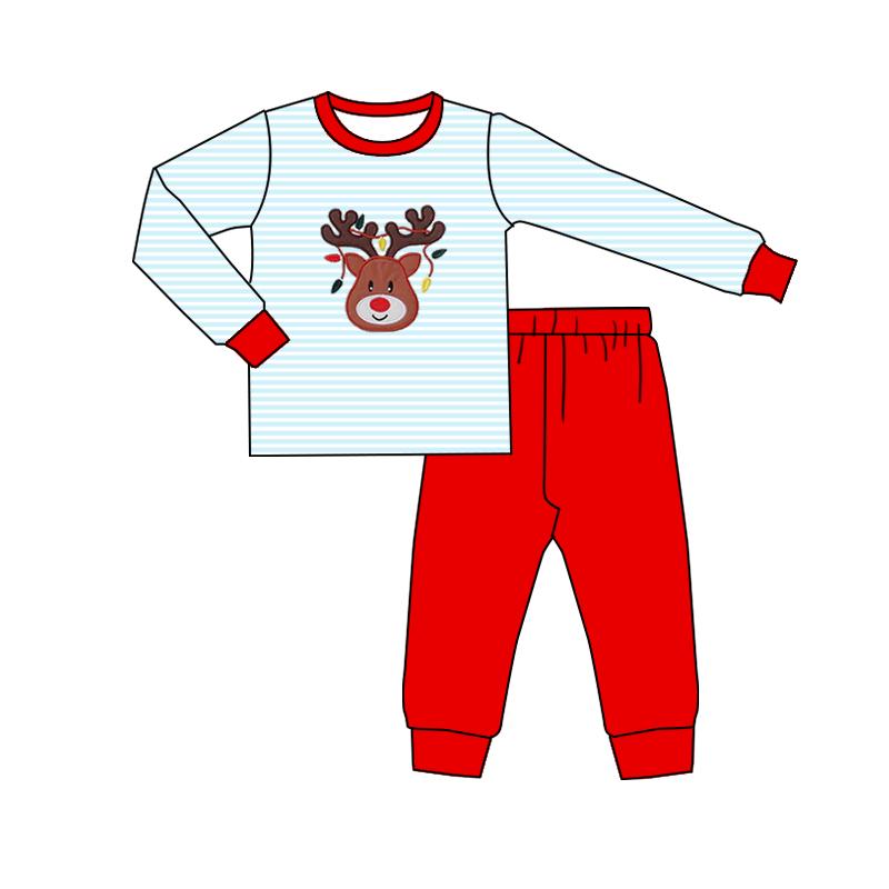( Moq 5 ) Preorder Boys Kids Deer Lights Stripes Shirt Red Pants Christmas Pajamas Set