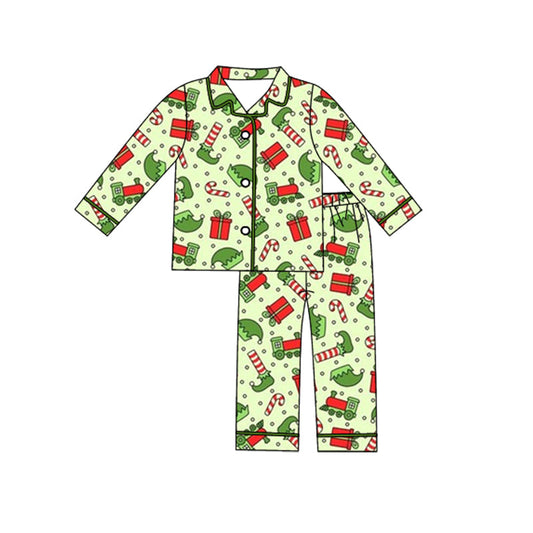 ( Moq 5 ) Preorder Boys Kids Long Sleeves Christmas Buttons Shirt Pants Pajamas Green Set