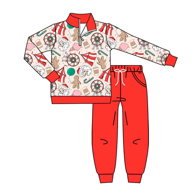 ( Moq 5 ) Preorder Toddler Kids Gingerbread Santa Zipper Shirt Pockets Red Pants Christmas Set