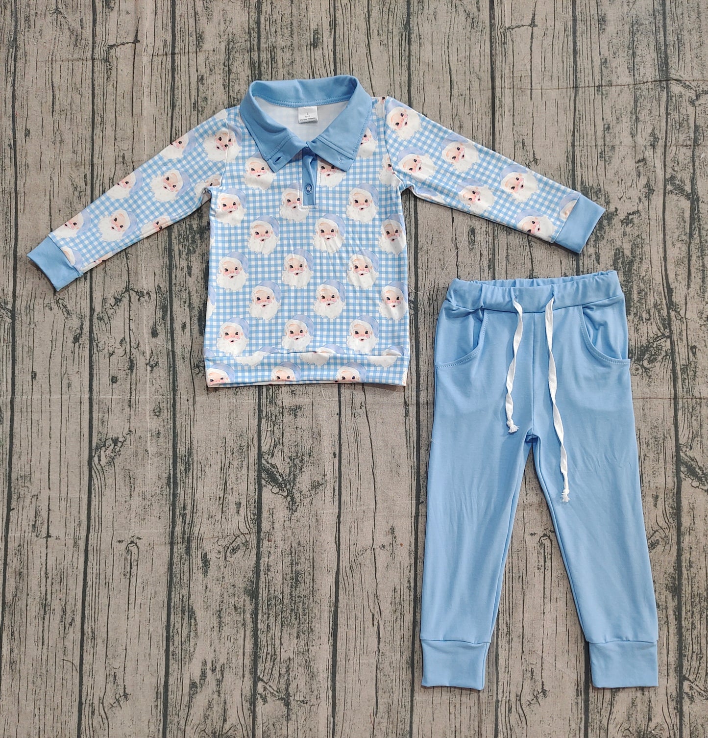 Boys Kids Long Sleeves Santa Christmas Shirt Blue Pants Set RTS