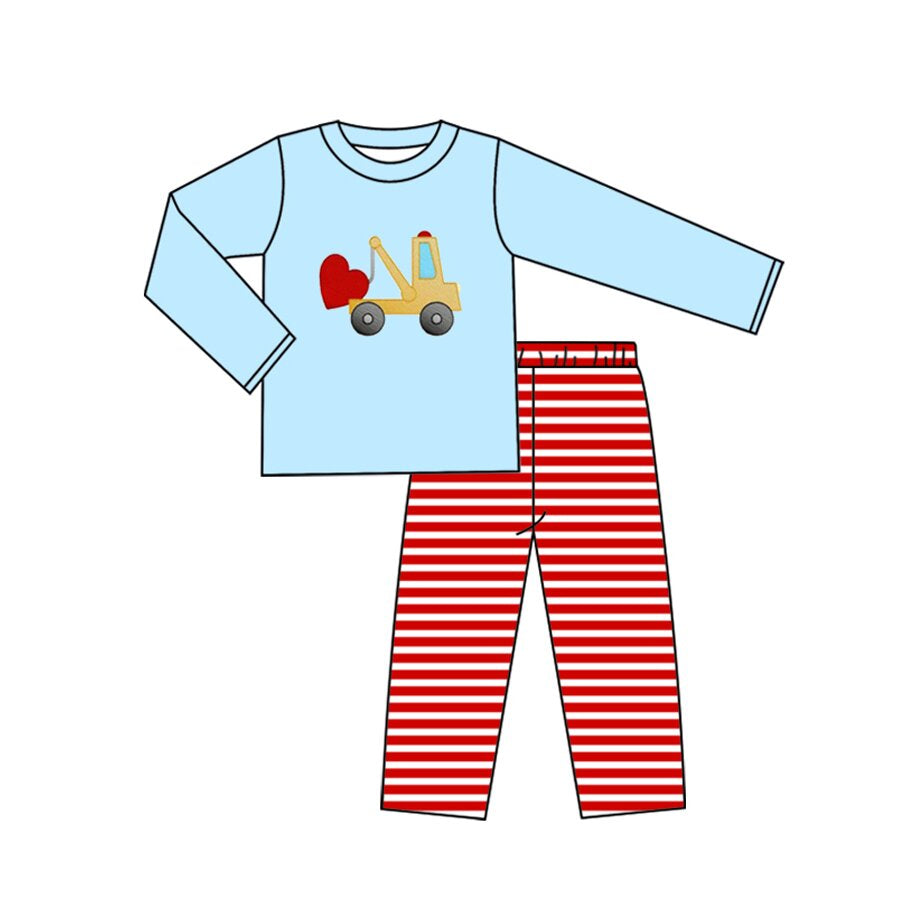 ( Moq 5 ) Preorder Boys Kids Trucks Heart Blue Shirt Stripes Pants Valentine's Day Pajamas Set