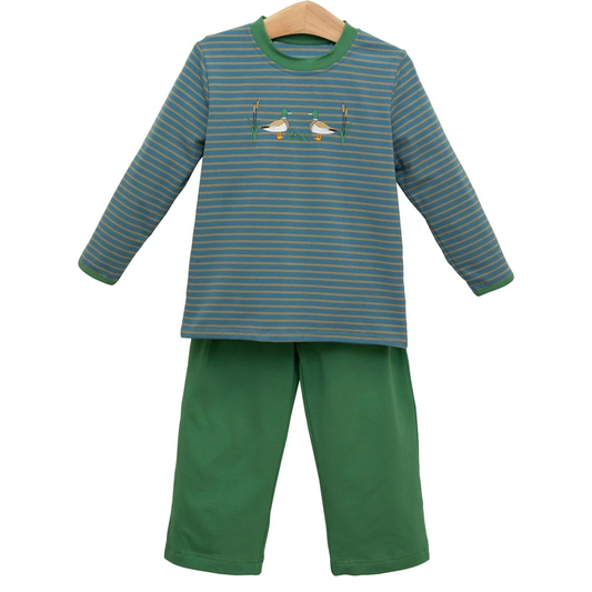 ( Moq 5 ) Preorder Boys Kids Long Sleeves Ducks Stripes Shirt Green Pants Clothes Set