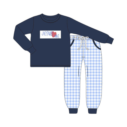 ( Moq 5 ) Preorder Boys Kids Jesus Love Me Shirt Pockets Plaid Pants Blue Clothes Set