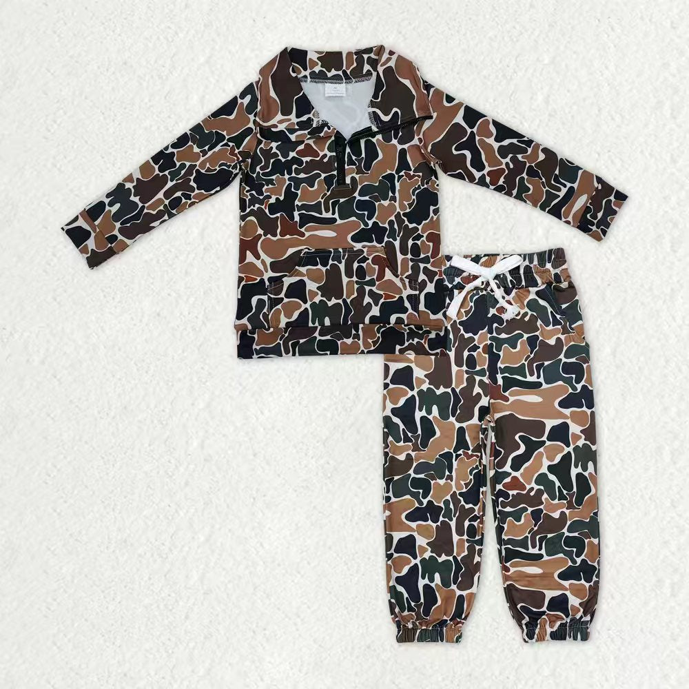 Sibling Baby Boys Kids Long Sleeves Camo Zipper Shirt Pockets Pants Clothes Set RTS
