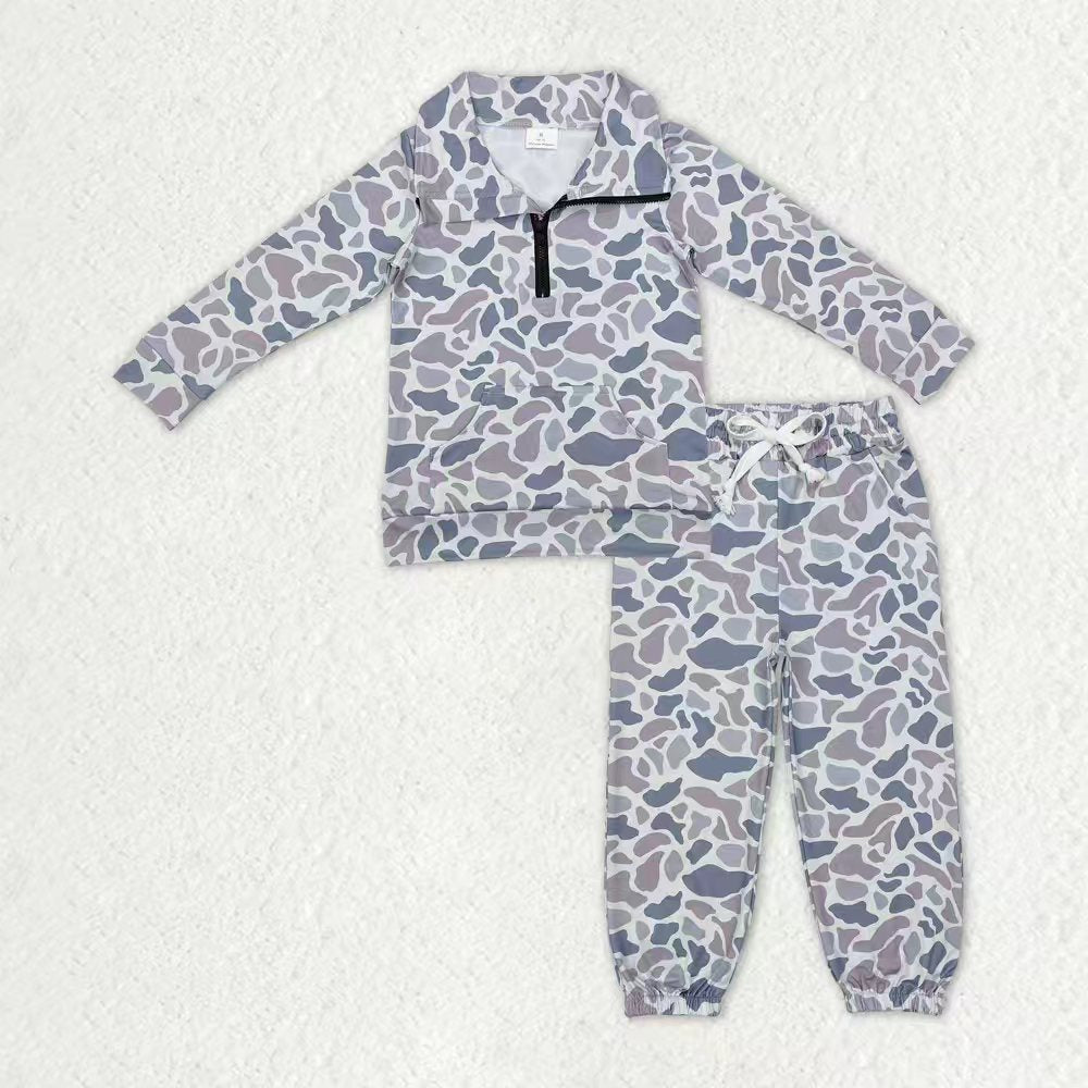 Sibling Baby Boys Kids Long Sleeves Camo Zipper Shirt Pockets Pants Clothes Set RTS