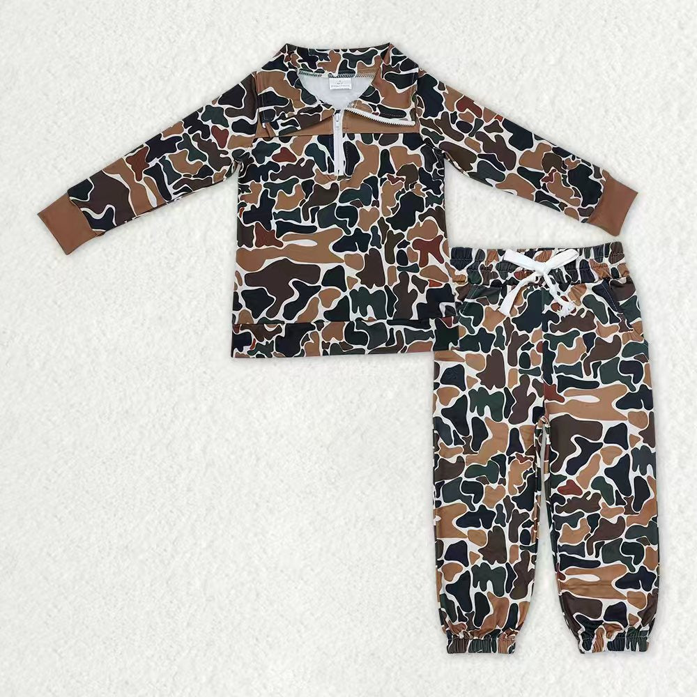 Baby Boys Long Sleeves Zipper Pullover Green Brown Camo Pockets Jogger Pants Clothes Set RTS