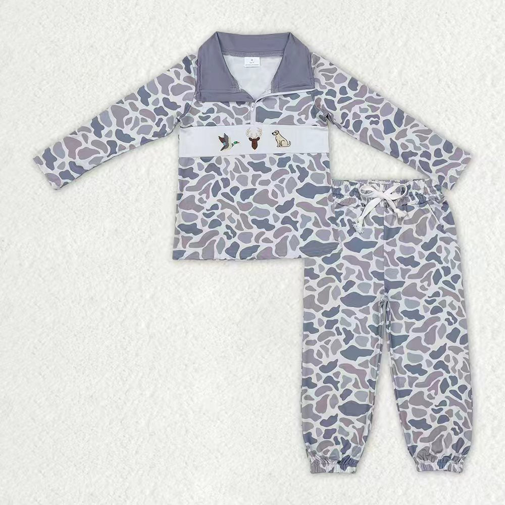 Baby Boys Kids Embroidery Grey Dog Duck Deer Camo Zipper Shirt Pockets Pants Clothes Set RTS