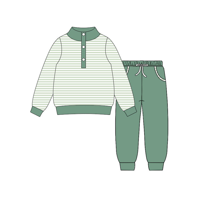 ( Moq 5 ) Preorder Baby Boys Long Sleeves Stripes Buttons Shirt Pockets Green Pants Clothes Set