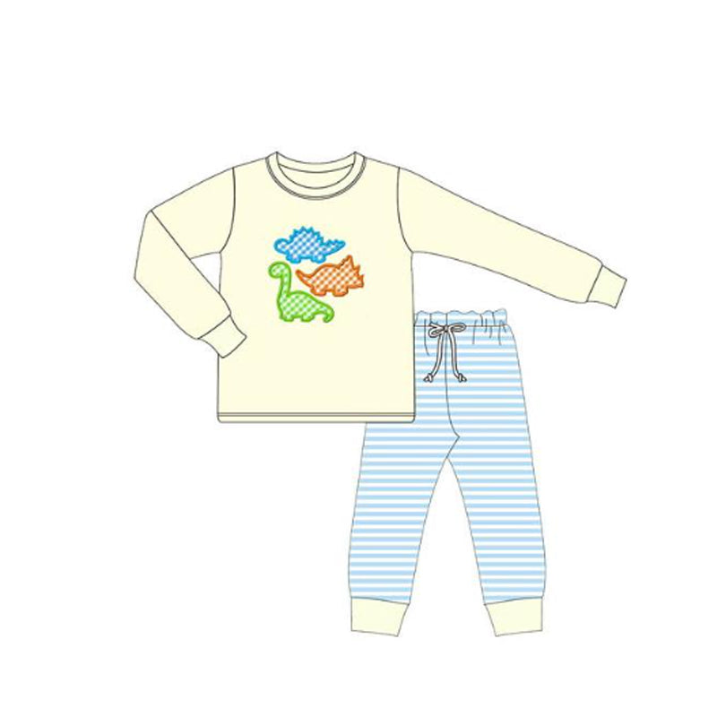 ( Moq 5 ) Preorder Baby Boys Long Sleeves Dinosaurs Shirt Blue Stripes Pants Clothes Set