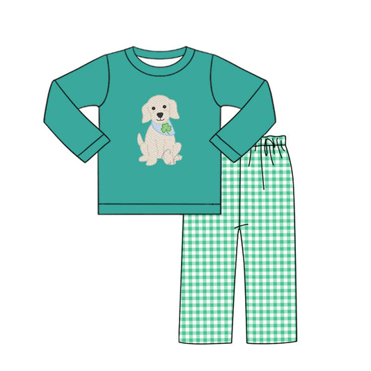 ( Moq 5 ) Preorder Baby Boys Dogs Clovers Green Shirt Plaid Pants St Patrick Clothes Set