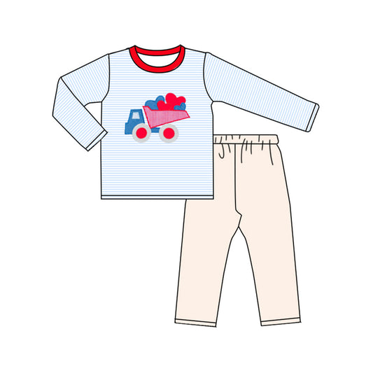 ( Moq 5 ) Preorder Baby Boys Blue Stripes Hearts Truck Shirt Pants Valentine Clothes Set