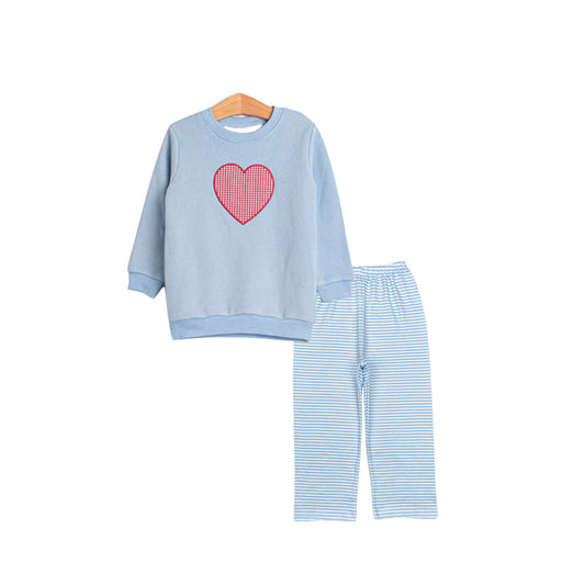 ( Moq 5 ) Preorder Baby Boys Blue Long Sleeves Plaid Heart Shirt Stripes Pants Valentine Set