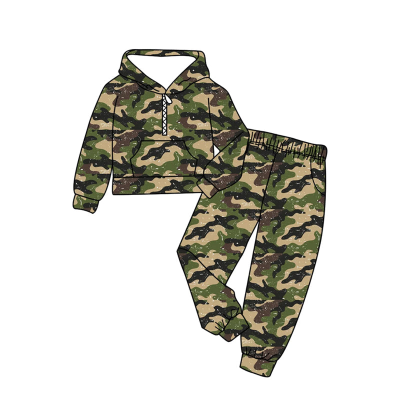 ( Moq 5 ) Preorder Baby Boys Long Sleeves Green Camo Hoodie Shirt Pockets Pants Clothes Set