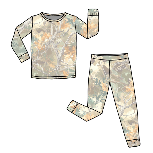 ( Moq 5 ) Preorder Baby Boys Long Sleeves Leaves Camo Shirt Pants Pajamas Set