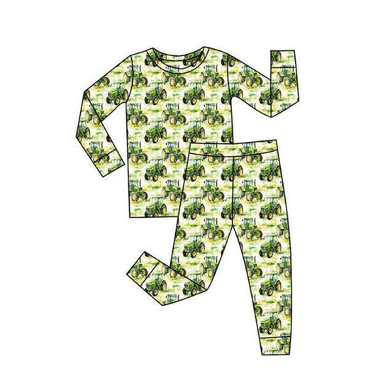 ( Moq 5 ) Preorder Baby Boys Kids Long Sleeves Tractors Farm Shirt Pants Pajamas Green Outfit