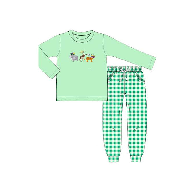 ( Moq 5 ) Preorder Baby Boys Long Sleeves Animals Shirt Pockets Plaid Pants Mardi Gras Green Set
