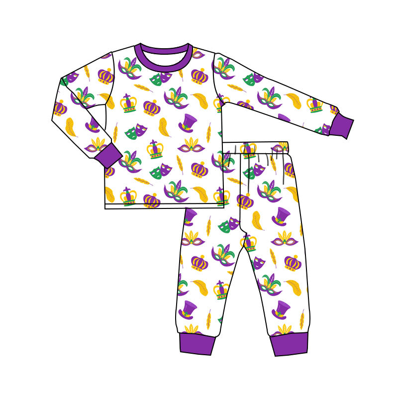 ( Moq 5 ) Preorder Baby Girls Long Sleeves Shirt Masks Pants Mardi Gras Pajamas Set
