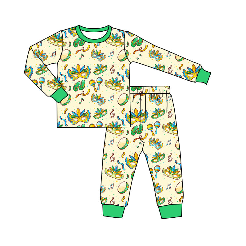 ( Moq 5 ) Preorder Baby Boys Long Sleeves Masks Shirt Pants Mardi Gras Pajamas Set
