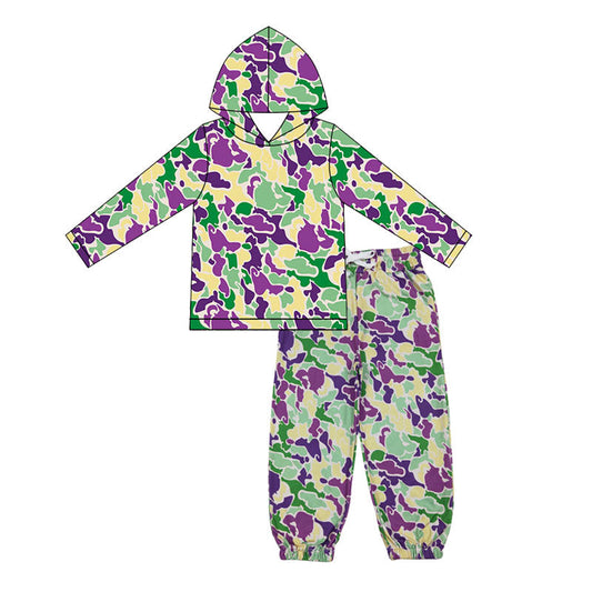( Moq 5 ) Preorder Baby Boys Long Sleeves Camo Hoodie Shirt Pockets Pants Mardi Gras Set